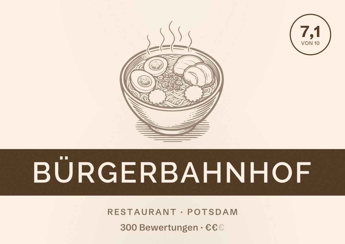Illustriertes Poster von Bürgerbahnhof, Restaurant in Potsdam: Bewertung 7,1 von 10 aus 300 Bewertungen, Preisniveau €€