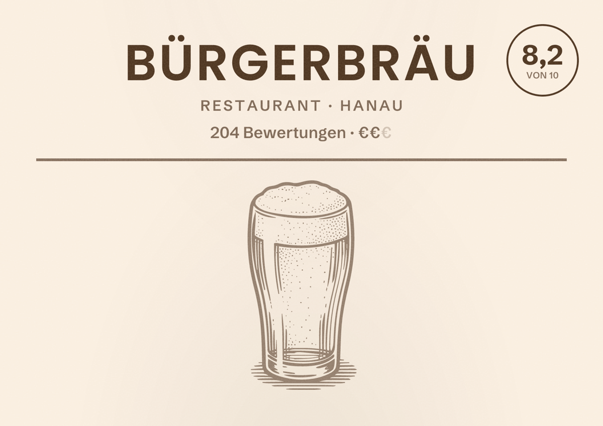 Illustriertes Poster von Bürgerbräu, Restaurant in Hanau: Bewertung 8,2 von 10 aus 204 Bewertungen, Preisniveau €€