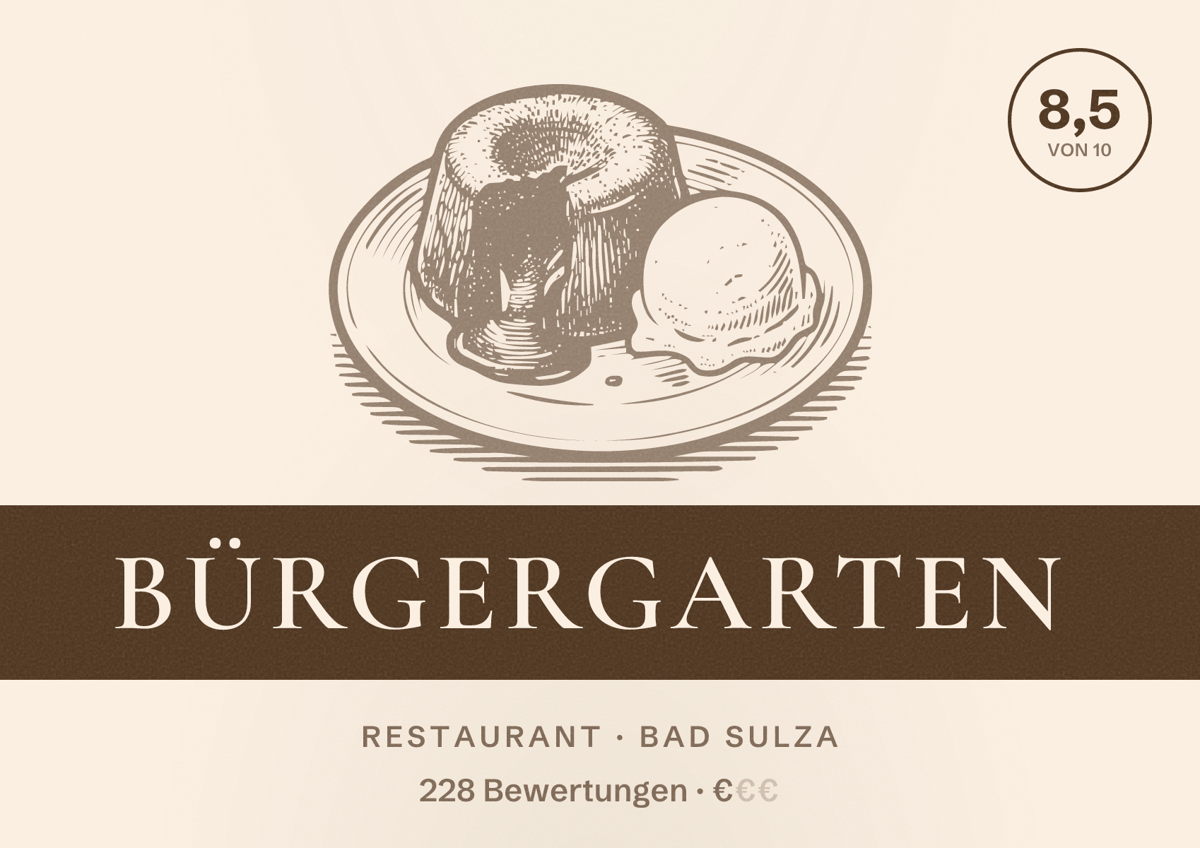 Illustriertes Poster von Bürgergarten, Restaurant in Bad Sulza: Bewertung 8,5 von 10 aus 228 Bewertungen, Preisniveau €