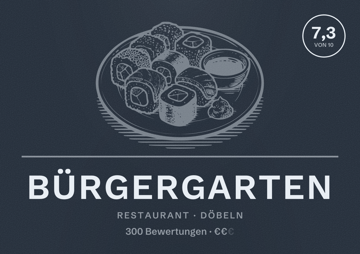 Illustriertes Poster von Bürgergarten, Restaurant in Döbeln: Bewertung 7,3 von 10 aus 300 Bewertungen, Preisniveau €€