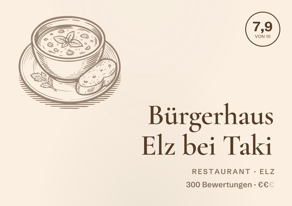 Illustriertes Poster von Bürgerhaus Elz bei Taki, Restaurant in Elz: Bewertung 7,9 von 10 aus 300 Bewertungen, Preisniveau €€