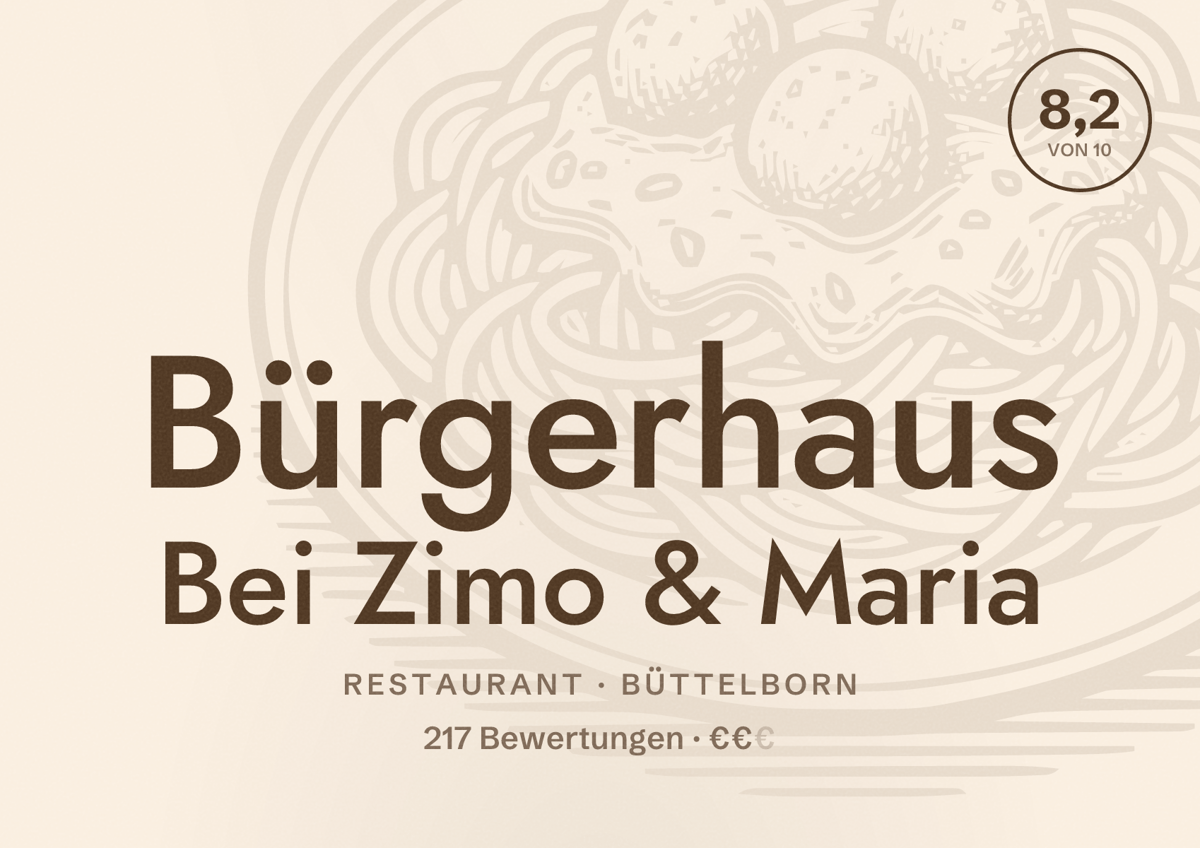 Illustriertes Poster von Bürgerhaus Bei Zimo & Maria, Restaurant in Büttelborn: Bewertung 8,2 von 10 aus 217 Bewertungen, Preisniveau €€