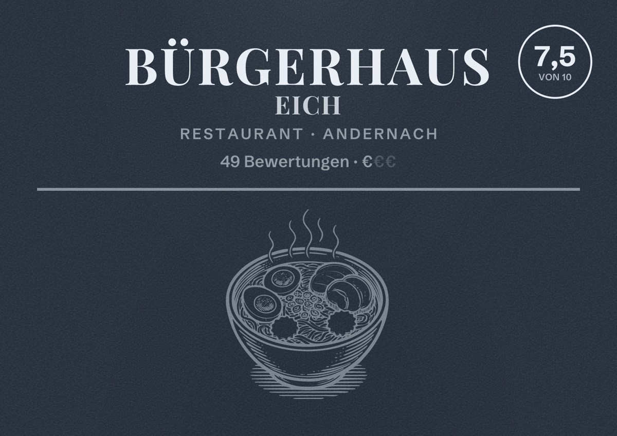 Illustriertes Poster von Bürgerhaus Eich, Restaurant in Andernach: Bewertung 7,5 von 10 aus 49 Bewertungen, Preisniveau €