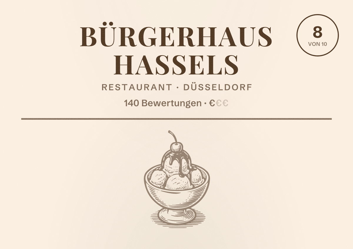 Illustriertes Poster von Bürgerhaus Hassels, Restaurant in Düsseldorf: Bewertung 8,0 von 10 aus 140 Bewertungen, Preisniveau €