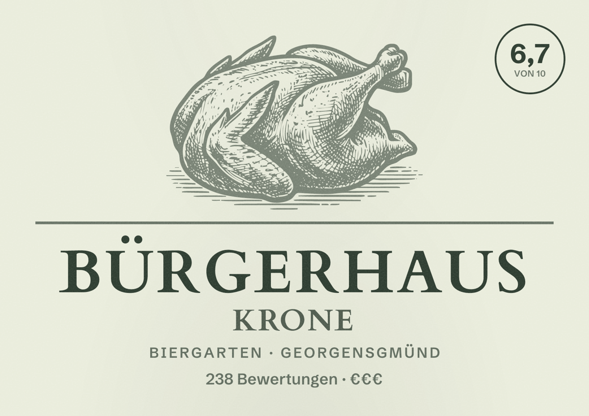 Illustriertes Poster von Bürgerhaus Krone, Biergarten in Georgensgmünd: Bewertung 6,7 von 10 aus 238 Bewertungen, Preisniveau €€€