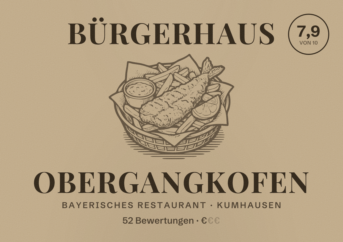 Illustriertes Poster von Bürgerhaus Obergangkofen, Bayerisches Restaurant in Kumhausen: Bewertung 7,9 von 10 aus 52 Bewertungen, Preisniveau €