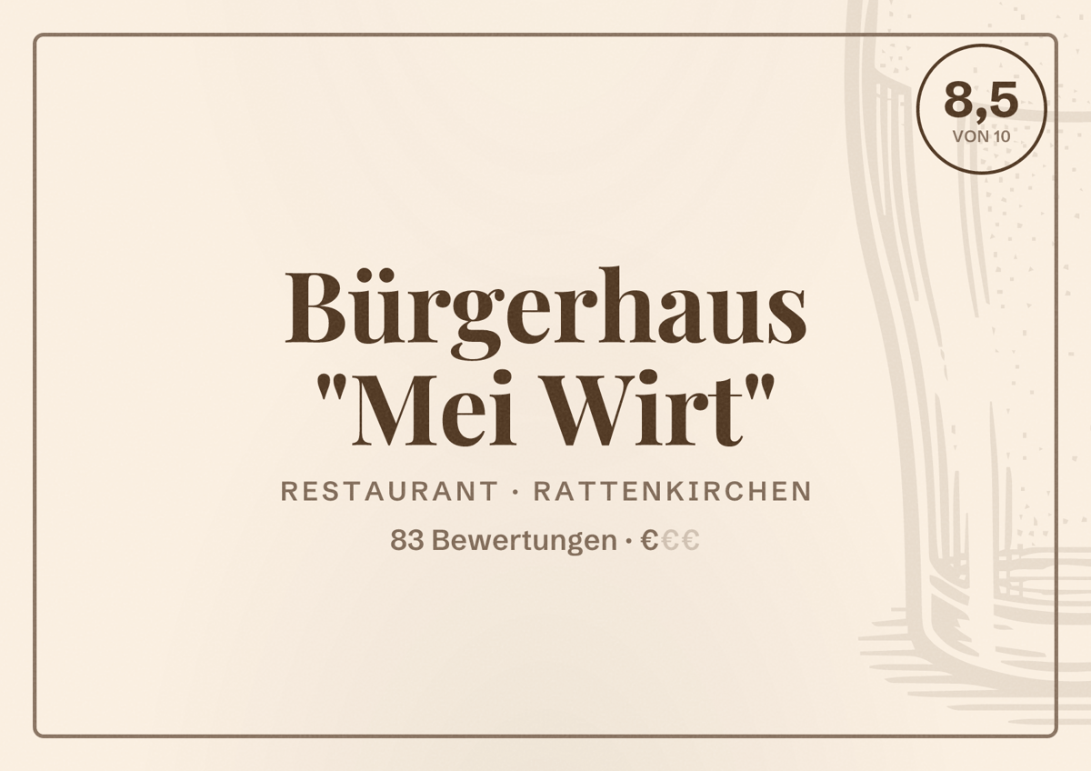 Illustriertes Poster von Bürgerhaus "Mei Wirt", Restaurant in Rattenkirchen: Bewertung 8,5 von 10 aus 83 Bewertungen, Preisniveau €