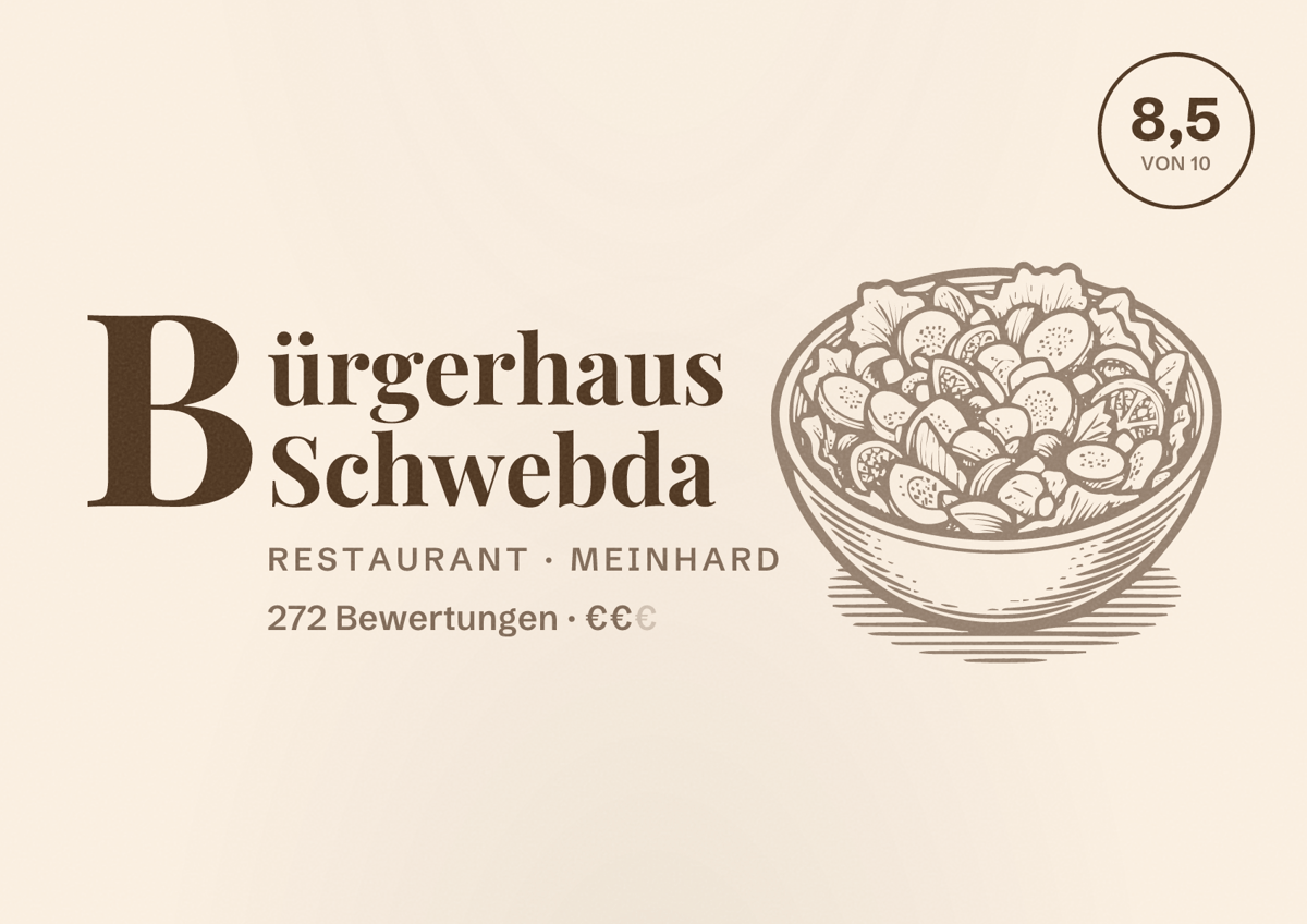 Illustriertes Poster von Bürgerhaus Schwebda, Restaurant in Meinhard: Bewertung 8,5 von 10 aus 272 Bewertungen, Preisniveau €€