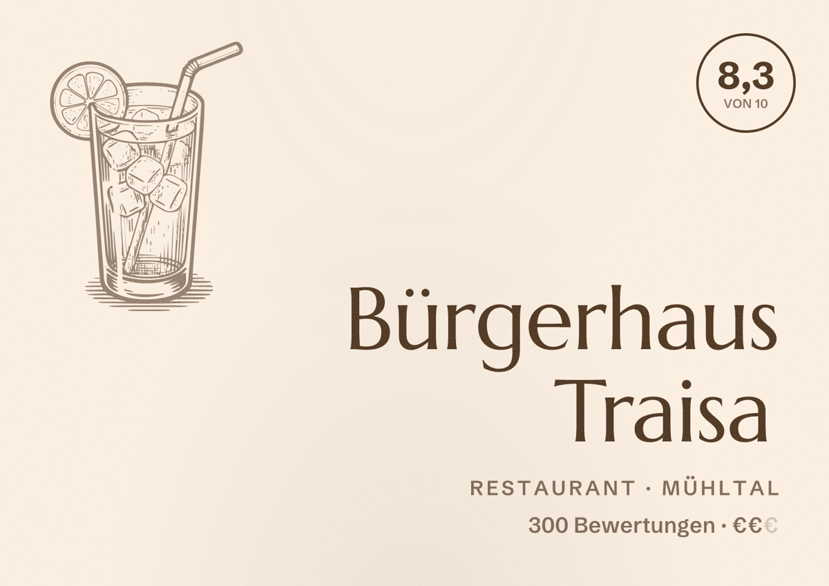 Illustriertes Poster von Bürgerhaus Traisa, Restaurant in Mühltal: Bewertung 8,3 von 10 aus 300 Bewertungen, Preisniveau €€