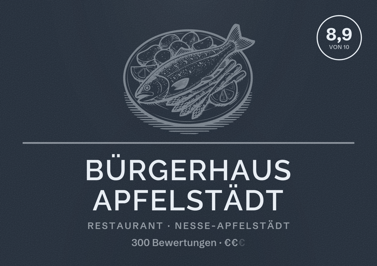 Illustriertes Poster von Bürgerhaus Apfelstädt, Restaurant in Nesse-Apfelstädt: Bewertung 8,9 von 10 aus 300 Bewertungen, Preisniveau €€