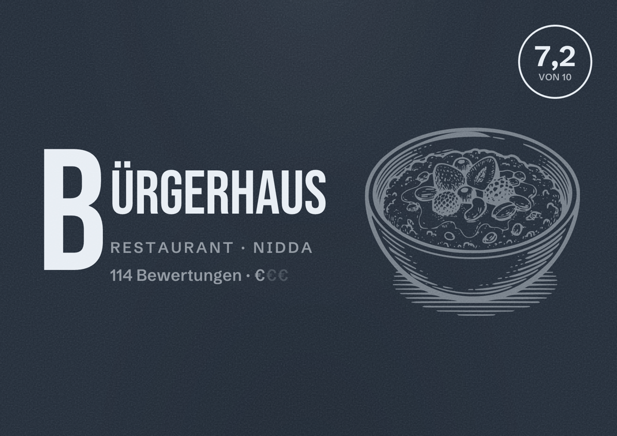 Illustriertes Poster von Bürgerhaus, Restaurant in Nidda: Bewertung 7,2 von 10 aus 114 Bewertungen, Preisniveau €