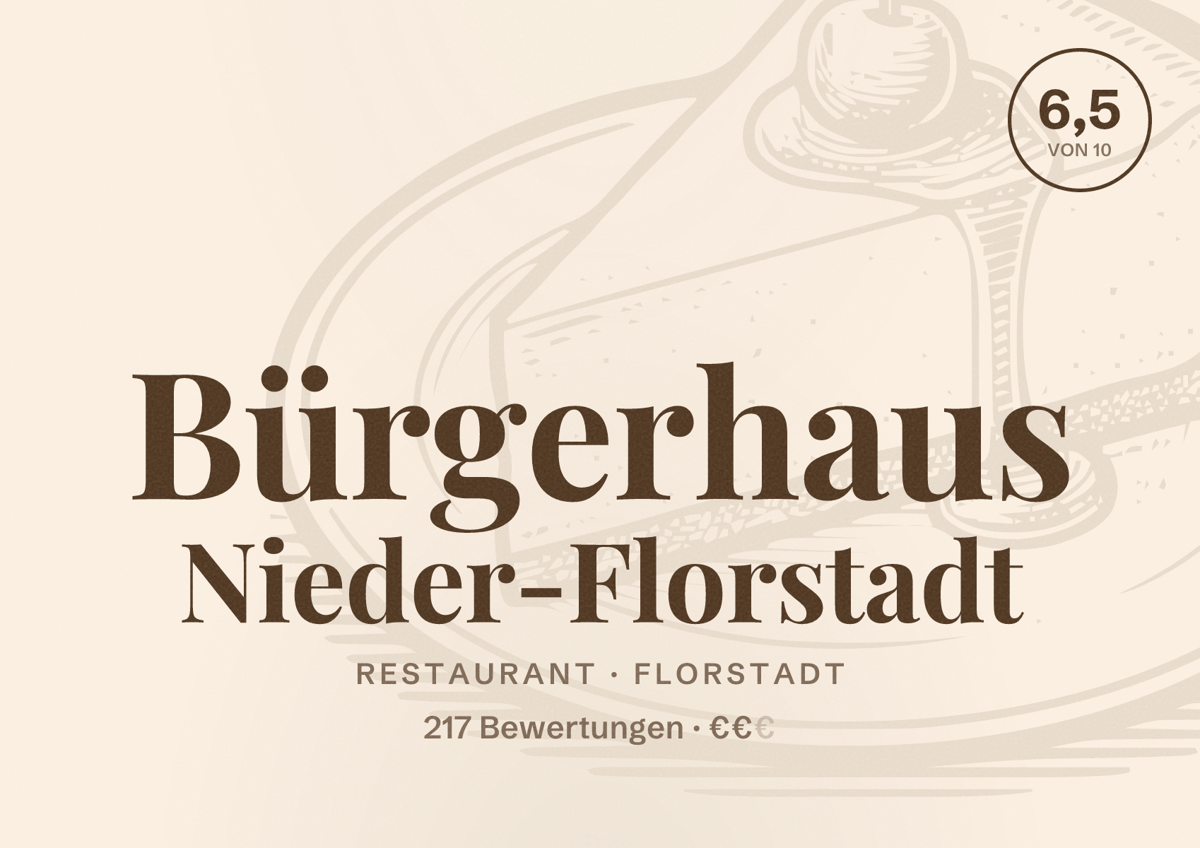 Illustriertes Poster von Bürgerhaus Nieder-Florstadt, Restaurant in Florstadt: Bewertung 6,5 von 10 aus 217 Bewertungen, Preisniveau €€