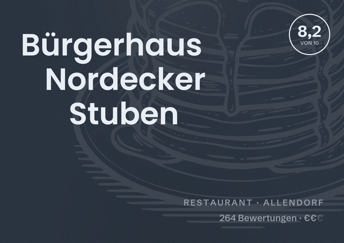 Illustriertes Poster von Bürgerhaus Nordecker Stuben, Restaurant in Allendorf: Bewertung 8,2 von 10 aus 264 Bewertungen, Preisniveau €€