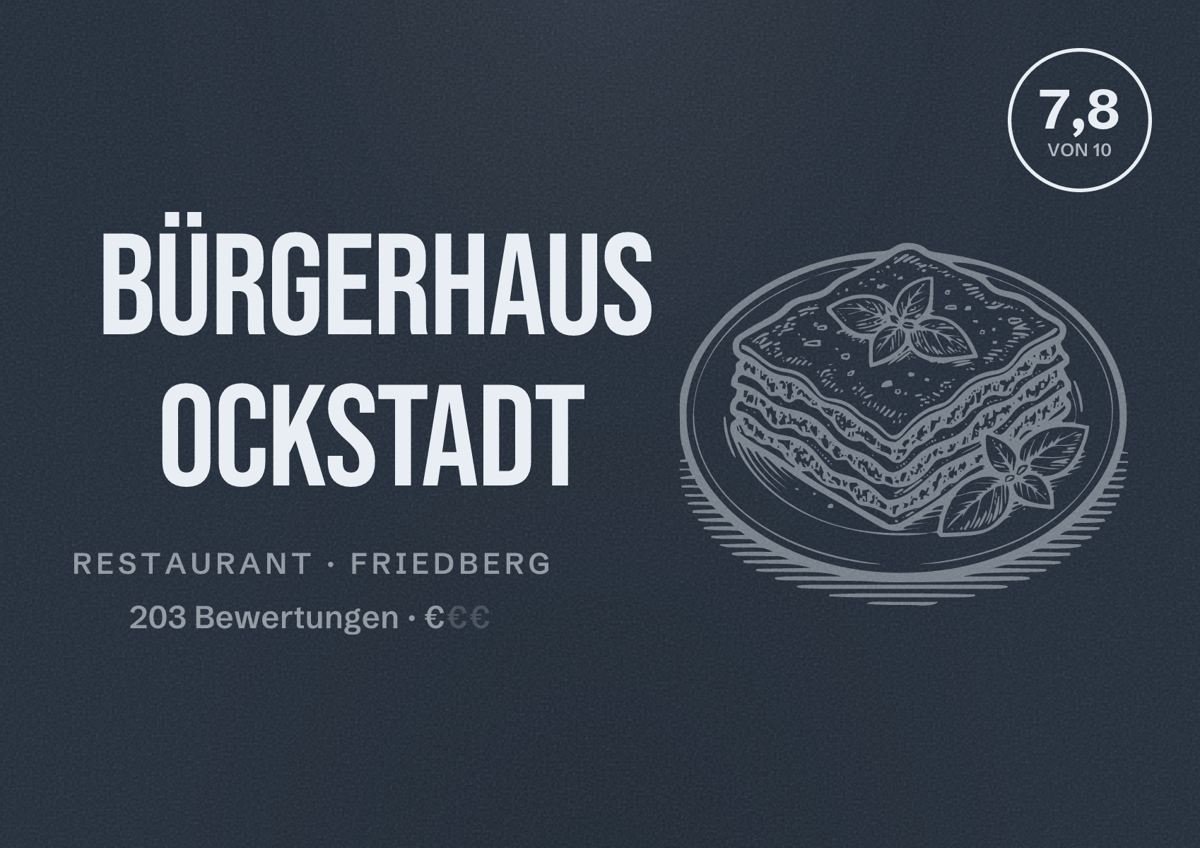 Illustriertes Poster von Bürgerhaus Ockstadt, Restaurant in Friedberg: Bewertung 7,8 von 10 aus 203 Bewertungen, Preisniveau €