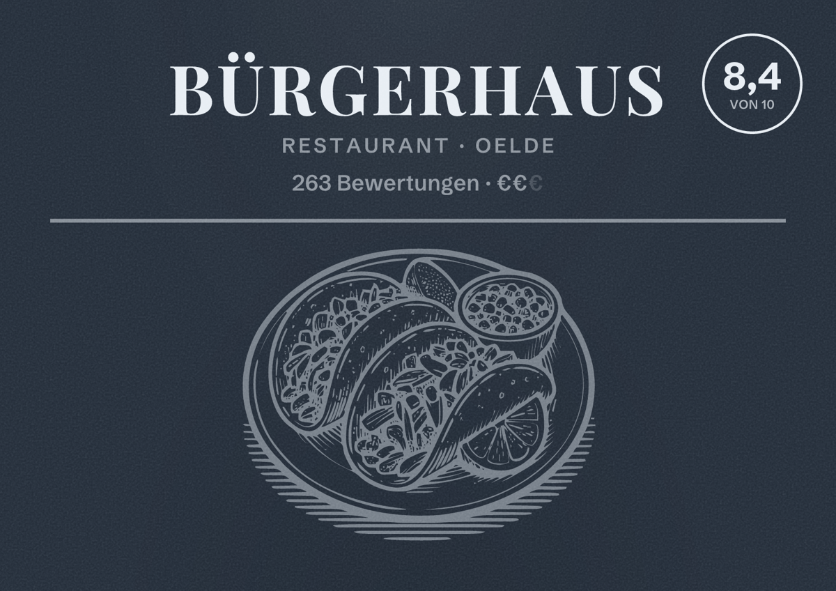 Illustriertes Poster von Bürgerhaus, Restaurant in Oelde: Bewertung 8,4 von 10 aus 263 Bewertungen, Preisniveau €€