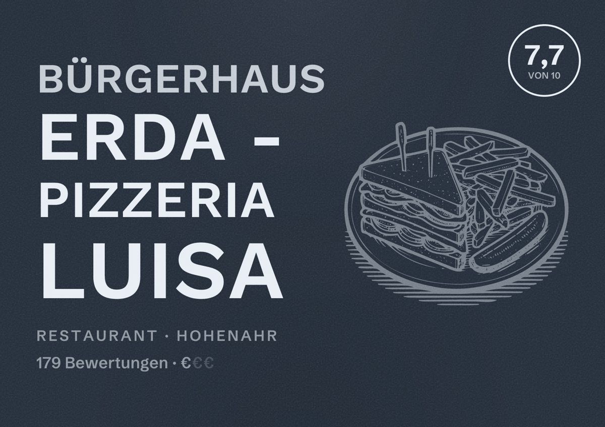 Illustriertes Poster von Bürgerhaus Erda - Pizzeria Luisa, Restaurant in Hohenahr: Bewertung 7,7 von 10 aus 179 Bewertungen, Preisniveau €