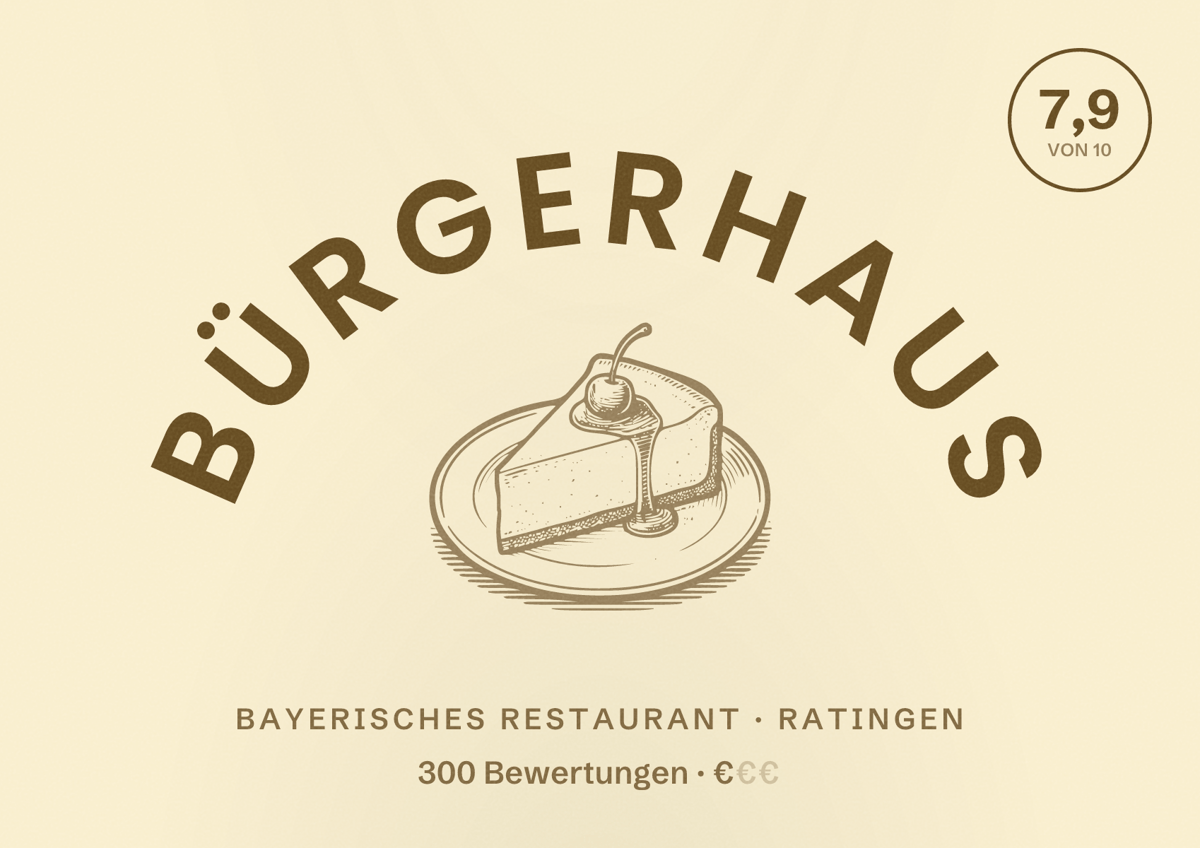 Illustriertes Poster von BÜRGERHAUS, Bayerisches Restaurant in Ratingen: Bewertung 7,9 von 10 aus 300 Bewertungen, Preisniveau €