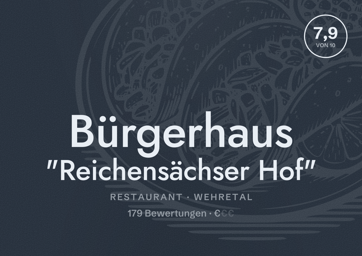 Illustriertes Poster von Bürgerhaus "Reichensächser Hof", Restaurant in Wehretal: Bewertung 7,9 von 10 aus 179 Bewertungen, Preisniveau €