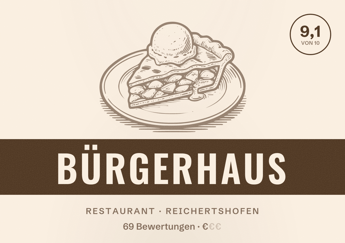 Illustriertes Poster von Bürgerhaus, Restaurant in Reichertshofen: Bewertung 9,1 von 10 aus 69 Bewertungen, Preisniveau €