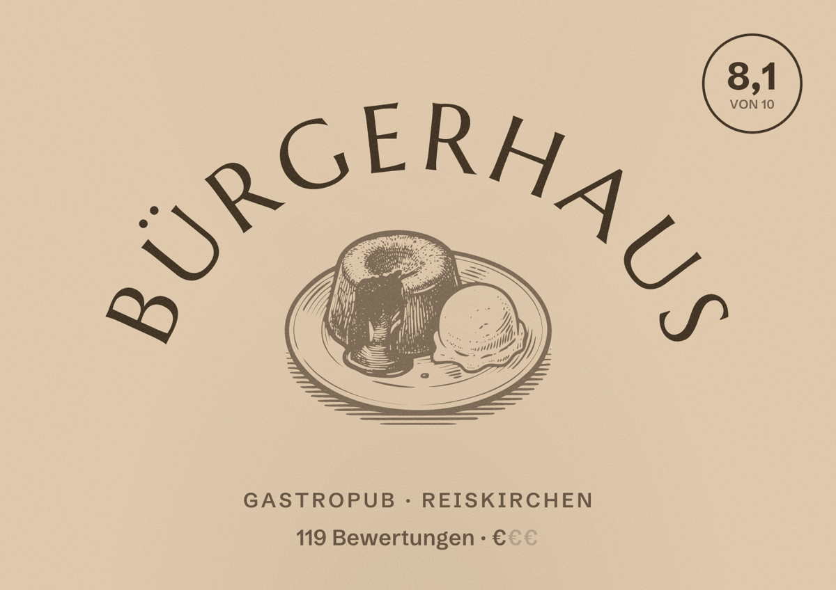 Illustriertes Poster von Bürgerhaus, Gastropub in Reiskirchen: Bewertung 8,1 von 10 aus 119 Bewertungen, Preisniveau €