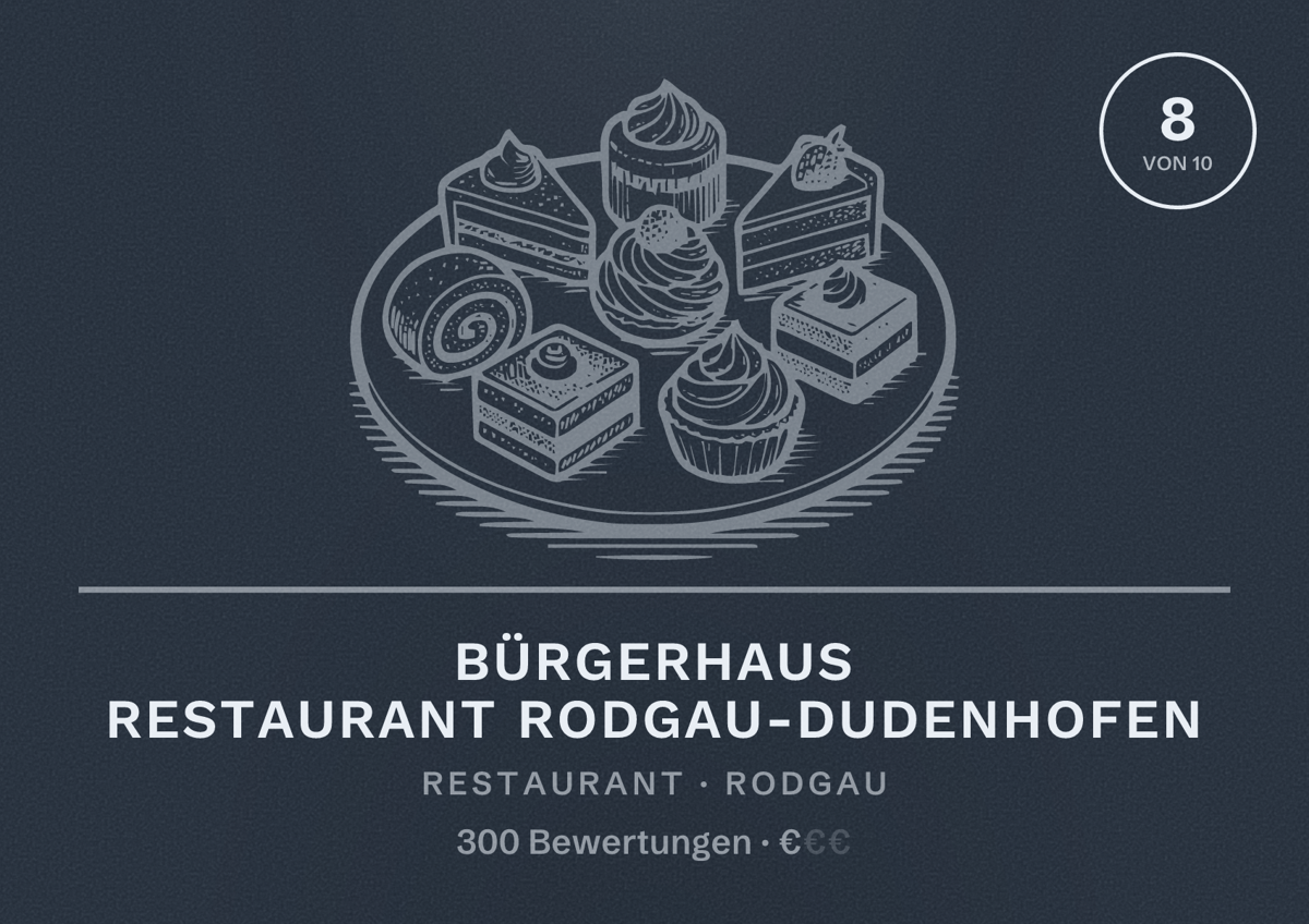 Illustriertes Poster von Bürgerhaus Restaurant Rodgau-Dudenhofen, Restaurant in Rodgau: Bewertung 8 von 10 aus 300 Bewertungen, Preisniveau €