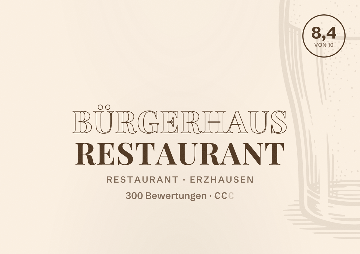 Illustriertes Poster von Bürgerhaus Restaurant, Restaurant in Erzhausen: Bewertung 8,4 von 10 aus 300 Bewertungen, Preisniveau €€