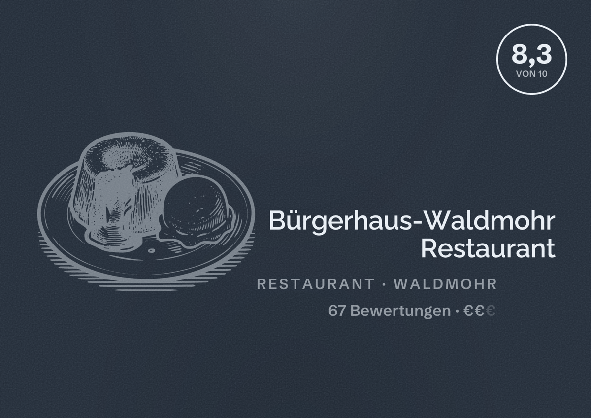Illustriertes Poster von Bürgerhaus-Waldmohr Restaurant, Restaurant in Waldmohr: Bewertung 8,3 von 10 aus 67 Bewertungen, Preisniveau €€