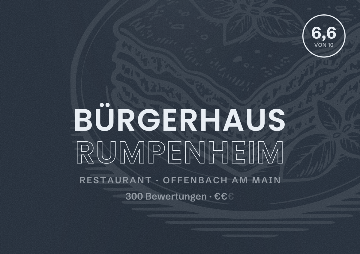 Illustriertes Poster von Bürgerhaus Rumpenheim, Restaurant in Offenbach am Main: Bewertung 6,6 von 10 aus 300 Bewertungen, Preisniveau €€