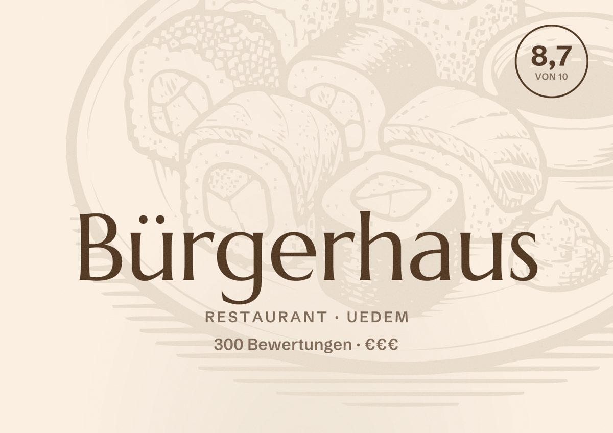 Illustriertes Poster von Bürgerhaus, Restaurant in Uedem: Bewertung 8,7 von 10 aus 300 Bewertungen, Preisniveau €€€