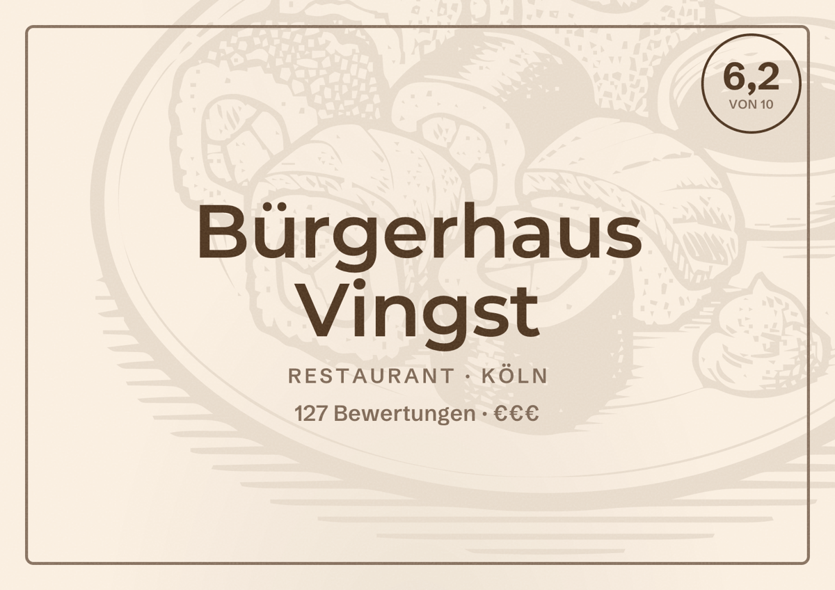 Illustriertes Poster von Bürgerhaus Vingst, Restaurant in Köln: Bewertung 6,2 von 10 aus 127 Bewertungen, Preisniveau €€€
