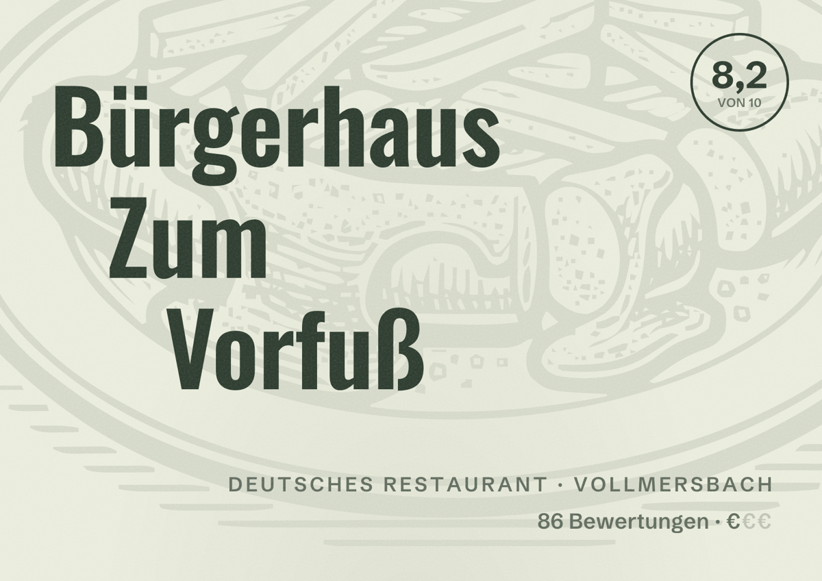 Illustriertes Poster von Bürgerhaus Zum Vorfuß, Deutsches Restaurant in Vollmersbach: Bewertung 8,2 von 10 aus 86 Bewertungen, Preisniveau €