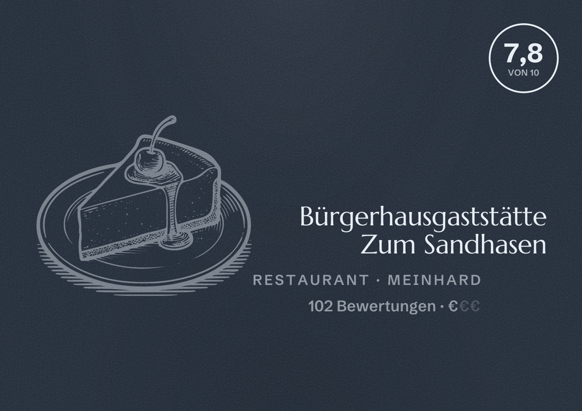 Illustriertes Poster von Bürgerhausgaststätte Zum Sandhasen, Restaurant in Meinhard: Bewertung 7,8 von 10 aus 102 Bewertungen, Preisniveau €
