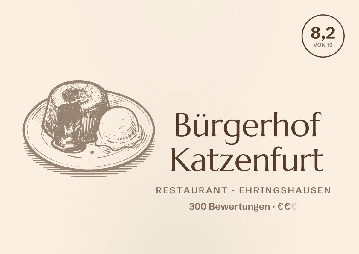 Illustriertes Poster von Bürgerhof Katzenfurt, Restaurant in Ehringshausen: Bewertung 8,2 von 10 aus 300 Bewertungen, Preisniveau €€