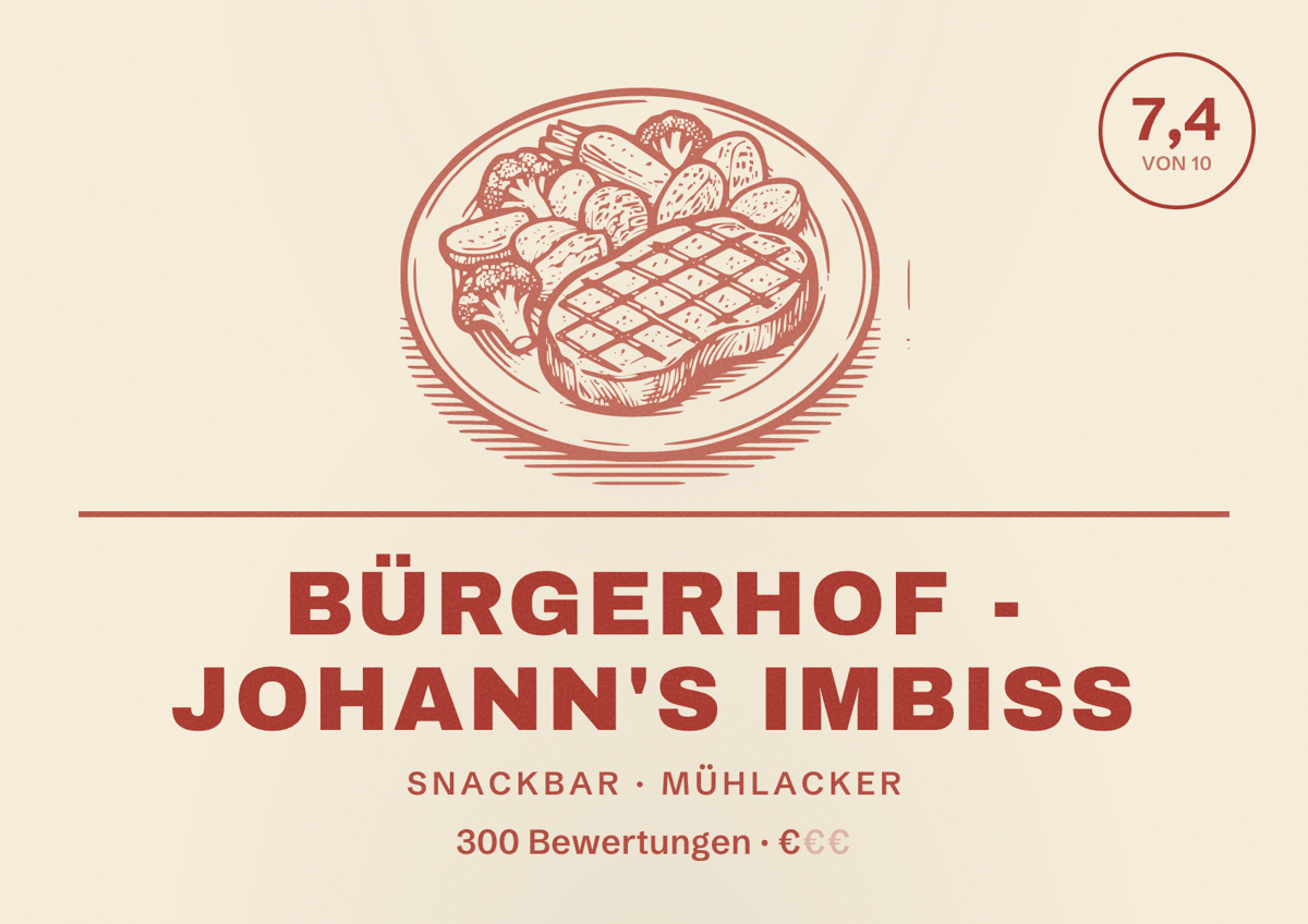 Illustriertes Poster von Bürgerhof - Johann's Imbiss, Snackbar in Mühlacker: Bewertung 7,4 von 10 aus 300 Bewertungen, Preisniveau €