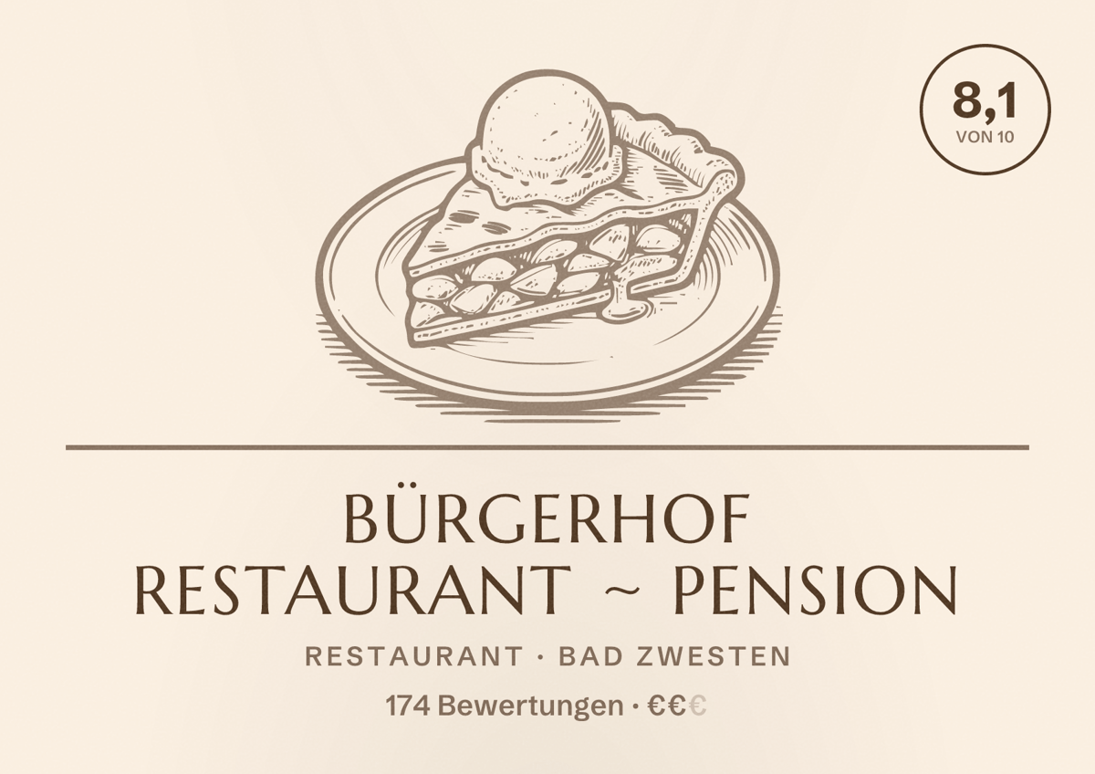 Illustriertes Poster von Bürgerhof Restaurant ~ Pension, Restaurant in Bad Zwesten: Bewertung 8,1 von 10 aus 174 Bewertungen, Preisniveau €€