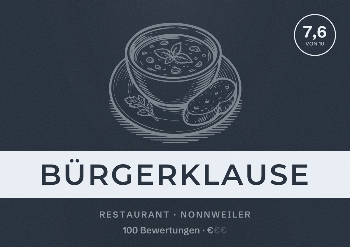 Illustriertes Poster von Bürgerklause, Restaurant in Nonnweiler: Bewertung 7,6 von 10 aus 100 Bewertungen, Preisniveau €