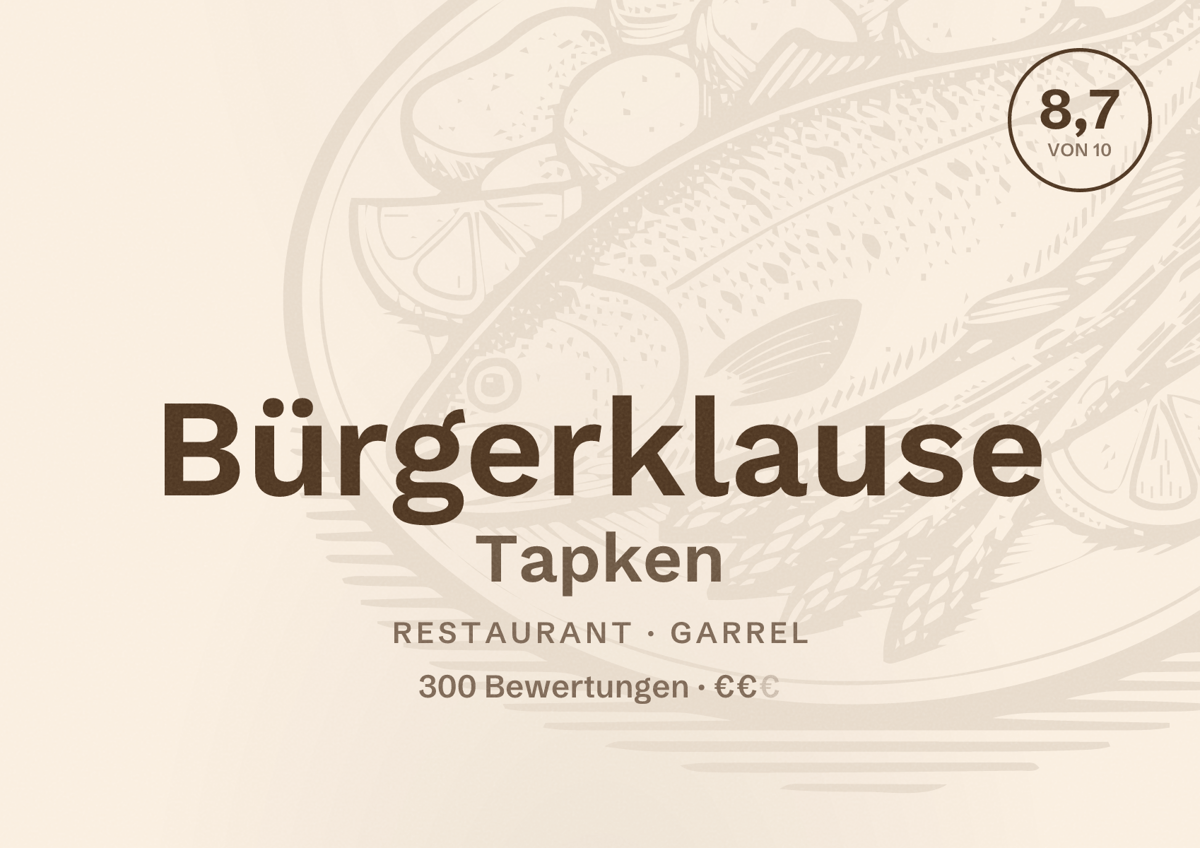 Illustriertes Poster von Bürgerklause Tapken, Restaurant in Garrel: Bewertung 8,7 von 10 aus 300 Bewertungen, Preisniveau €€