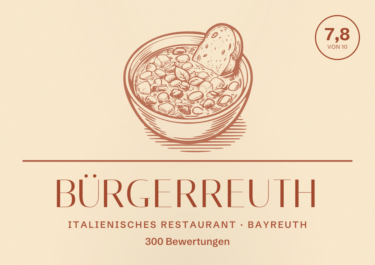 Illustriertes Poster von Bürgerreuth, Italienisches Restaurant in Bayreuth: Bewertung 7,8 von 10 aus 300 Bewertungen