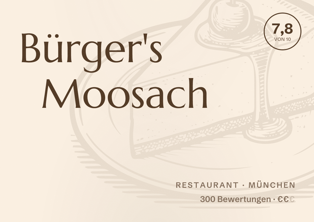 Illustriertes Poster von Bürger's Moosach, Restaurant in München: Bewertung 7,8 von 10 aus 300 Bewertungen, Preisniveau €€