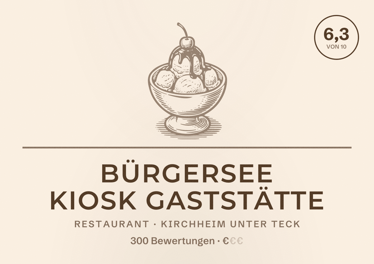 Illustriertes Poster von Bürgersee Kiosk Gaststätte, Restaurant in Kirchheim unter Teck: Bewertung 6,3 von 10 aus 300 Bewertungen, Preisniveau €