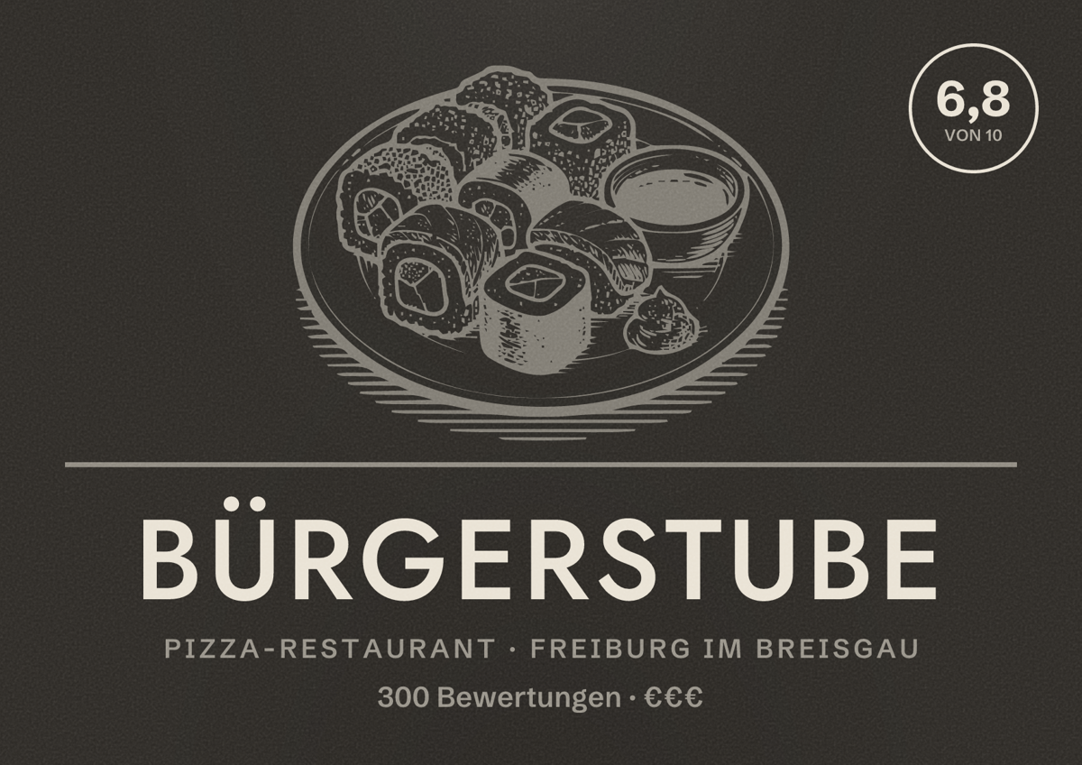 Illustriertes Poster von Bürgerstube, Pizza-Restaurant in Freiburg im Breisgau: Bewertung 6,8 von 10 aus 300 Bewertungen, Preisniveau €€€