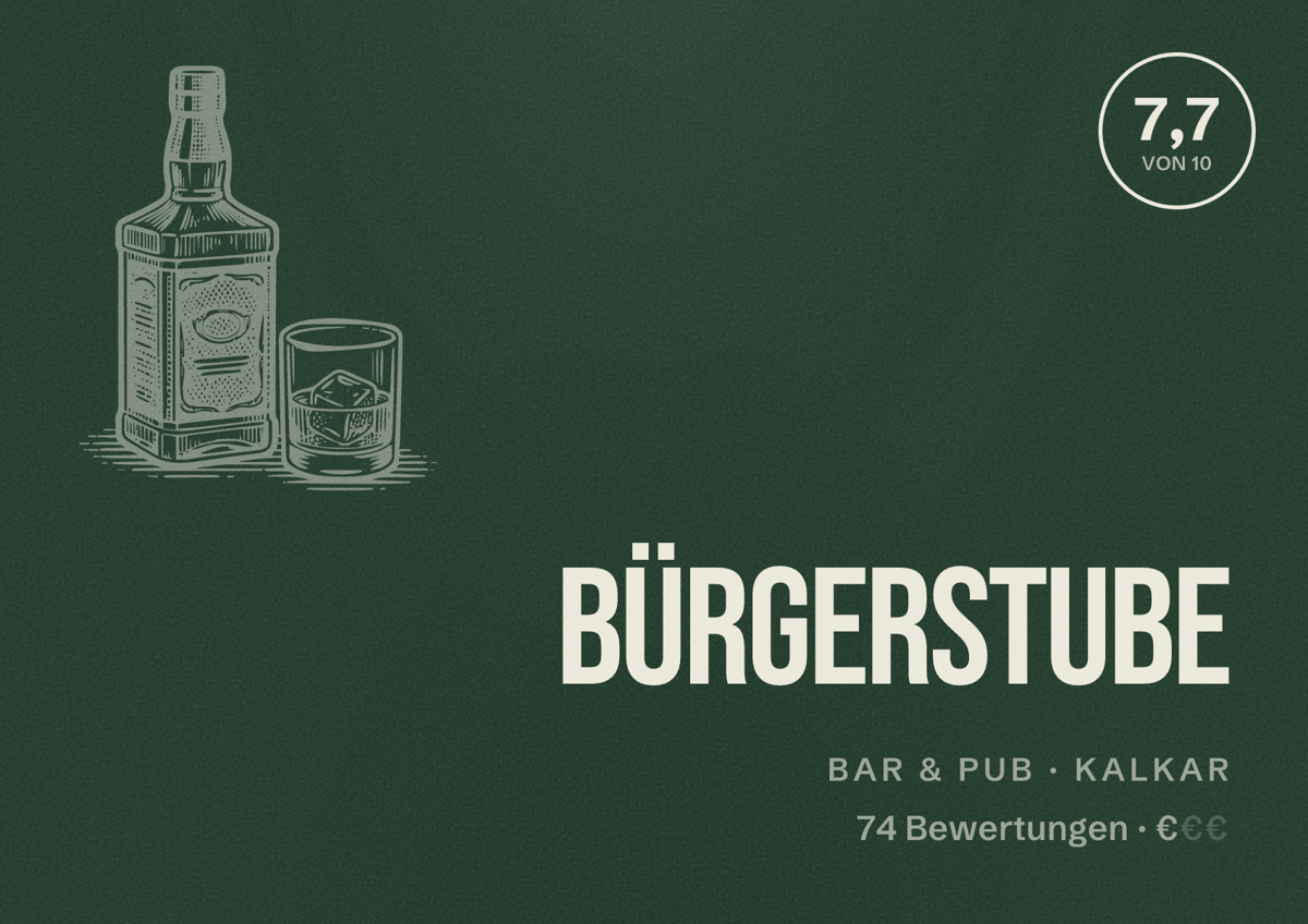 Illustriertes Poster von Bürgerstube, Bar & Pub in Kalkar: Bewertung 7,7 von 10 aus 74 Bewertungen, Preisniveau €