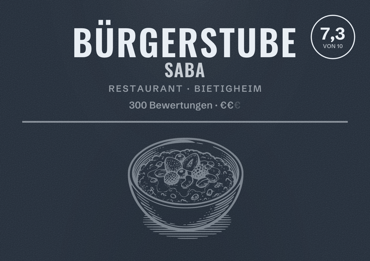 Illustriertes Poster von Bürgerstube Saba, Restaurant in Bietigheim: Bewertung 7,3 von 10 aus 300 Bewertungen, Preisniveau €€