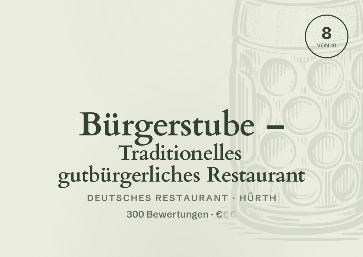 Illustriertes Poster von Bürgerstube – Traditionelles gutbürgerliches Restaurant, Deutsches Restaurant in Hürth: Bewertung 8 von 10 aus 300 Bewertungen, Preisniveau €