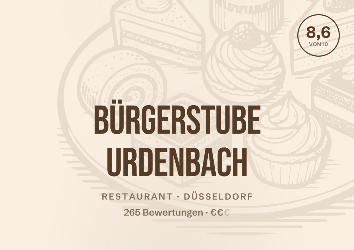 Illustriertes Poster von Bürgerstube Urdenbach, Restaurant in Düsseldorf: Bewertung 8,6 von 10 aus 265 Bewertungen, Preisniveau €€