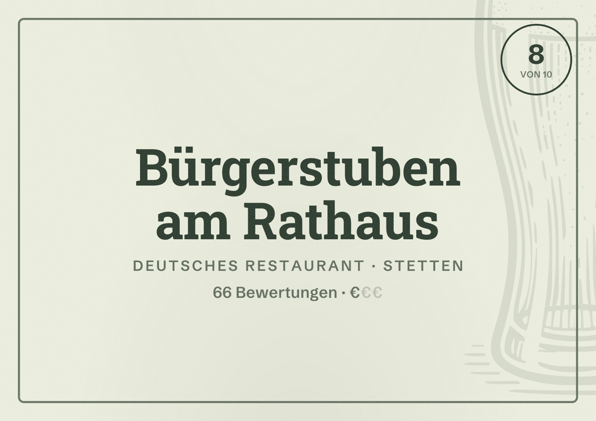 Illustriertes Poster von Bürgerstuben am Rathaus, Deutsches Restaurant in Stetten: Bewertung 8 von 10 aus 66 Bewertungen, Preisniveau €
