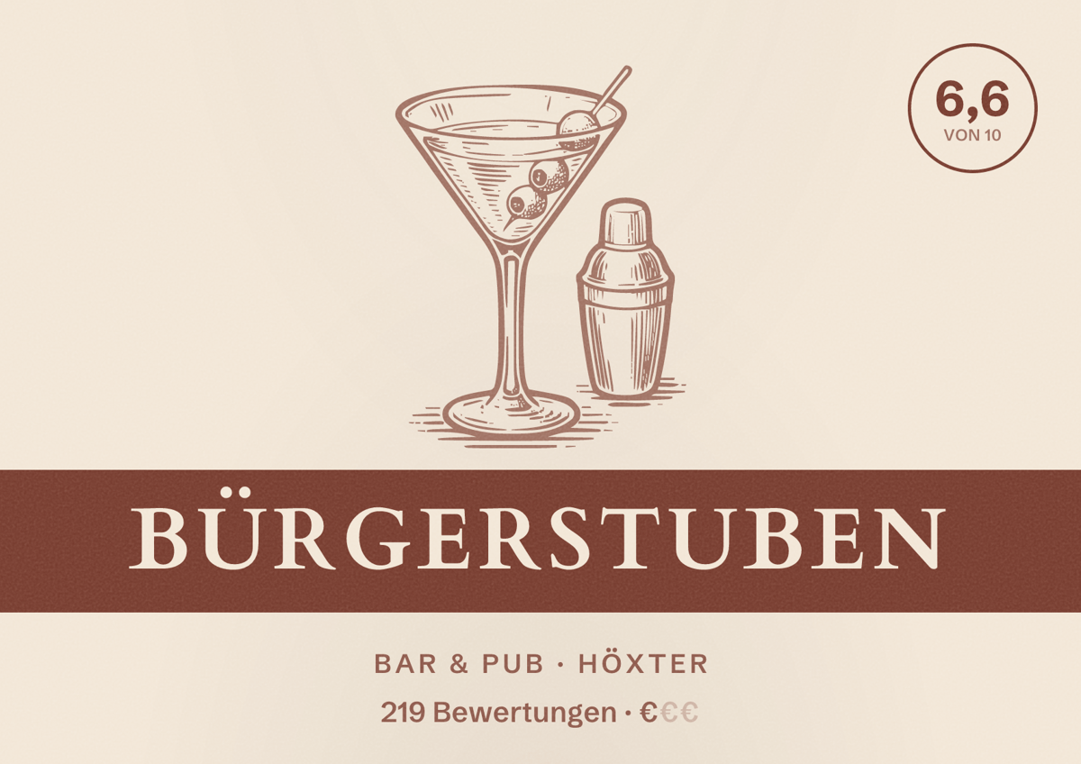 Illustriertes Poster von Bürgerstuben, Bar & Pub in Höxter: Bewertung 6,6 von 10 aus 219 Bewertungen, Preisniveau €