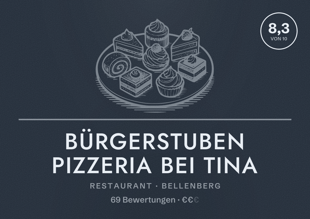 Illustriertes Poster von Bürgerstuben Pizzeria bei Tina, Restaurant in Bellenberg: Bewertung 8,3 von 10 aus 69 Bewertungen, Preisniveau €€