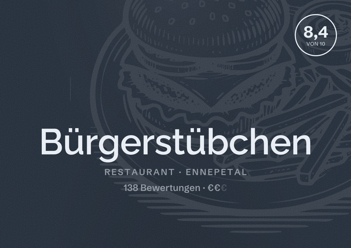 Illustriertes Poster von Bürgerstübchen, Restaurant in Ennepetal: Bewertung 8,4 von 10 aus 138 Bewertungen, Preisniveau €€
