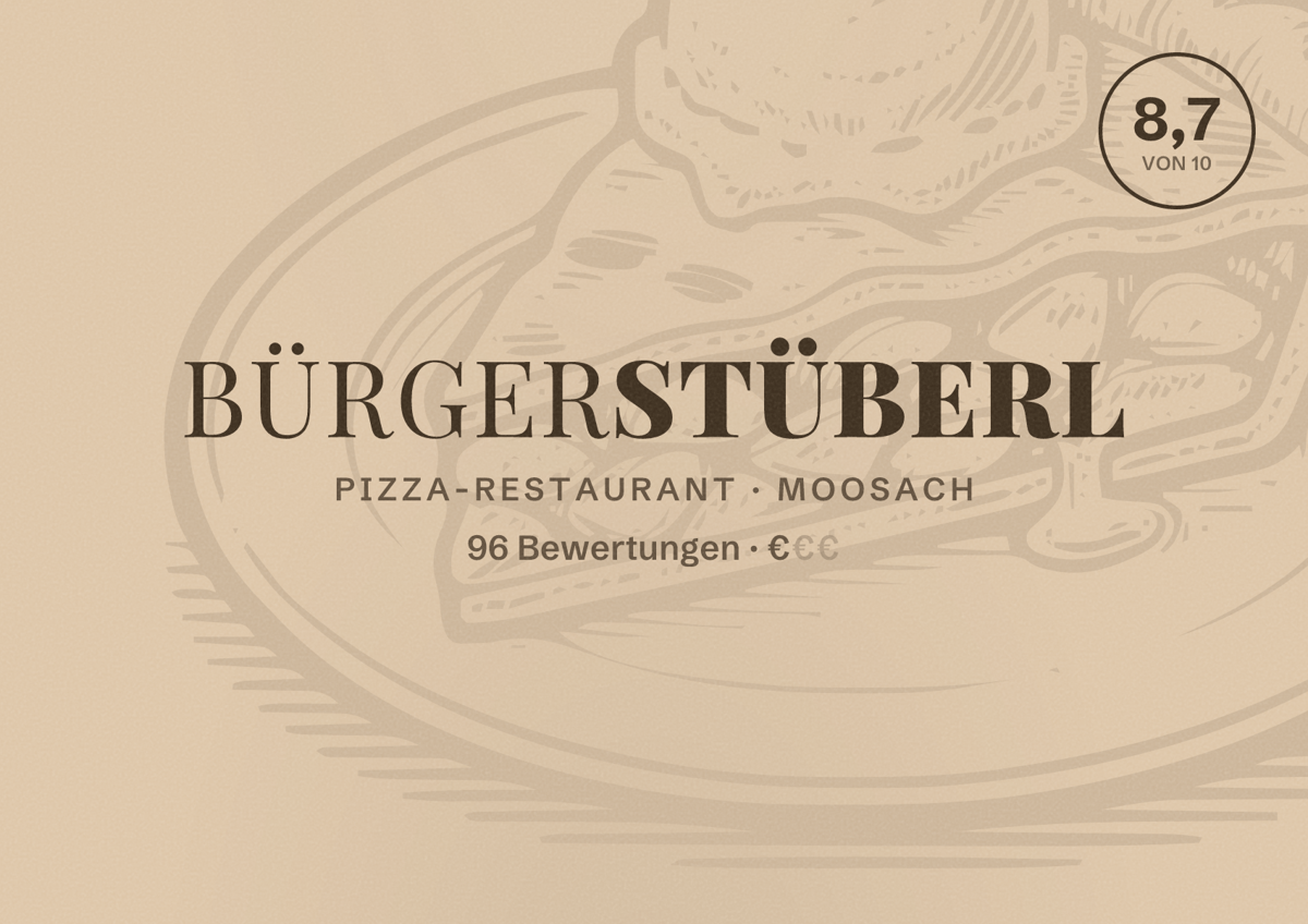 Illustriertes Poster von Bürgerstüberl, Pizza-Restaurant in Moosach: Bewertung 8,7 von 10 aus 96 Bewertungen, Preisniveau €